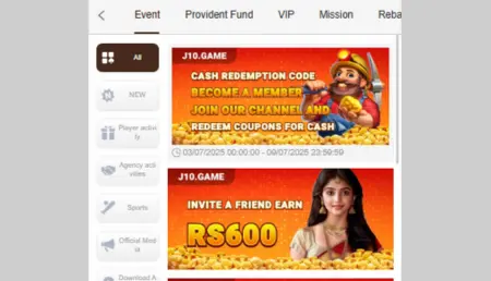 Mobile app event page with two promotional banners for J10.GAME, offering cash redemption and rewards for inviting friends."
