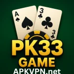 PK 33 Game casino feature image with golden text, black and yellow poker chip, and playing cards on a green background.