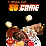 E8.GAME casino feature image with playing cards, chips, and dice, branded with APKVPN.net