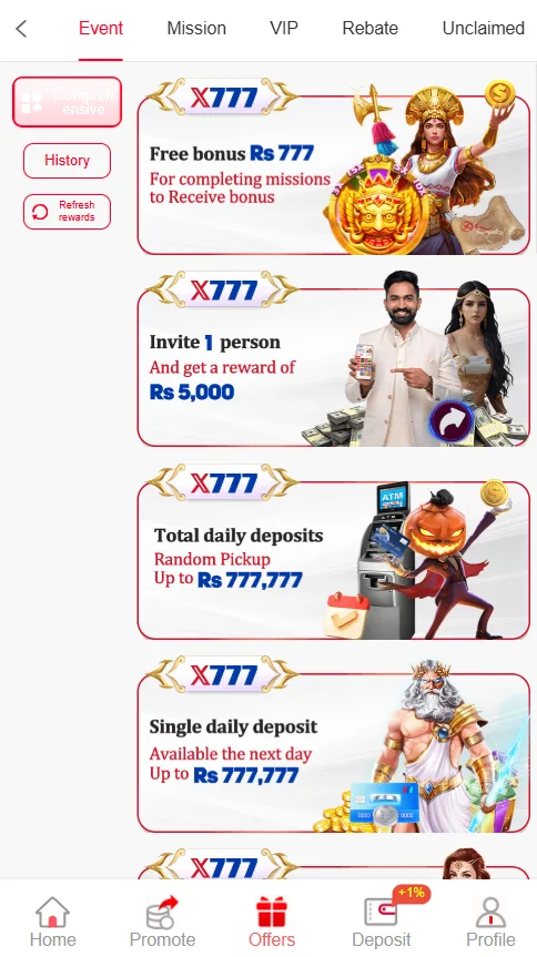 X777 Game event offers including Rs 777 bonus, Rs 5000 referral reward, and daily deposit promotions.