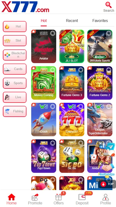 X777 Game app home screen showing slot games, Aviator, cricket betting, and casino options.