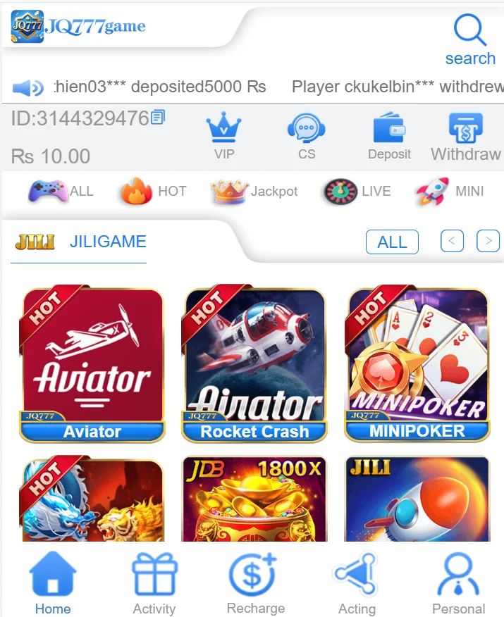 JQ777 game interface showing popular games like Aviator, Rocket Crash, and MiniPoker.
