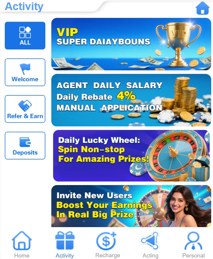 Promotional banners for VIP bonuses, daily salary, spin wheel, and referral rewards on JQ777 game.