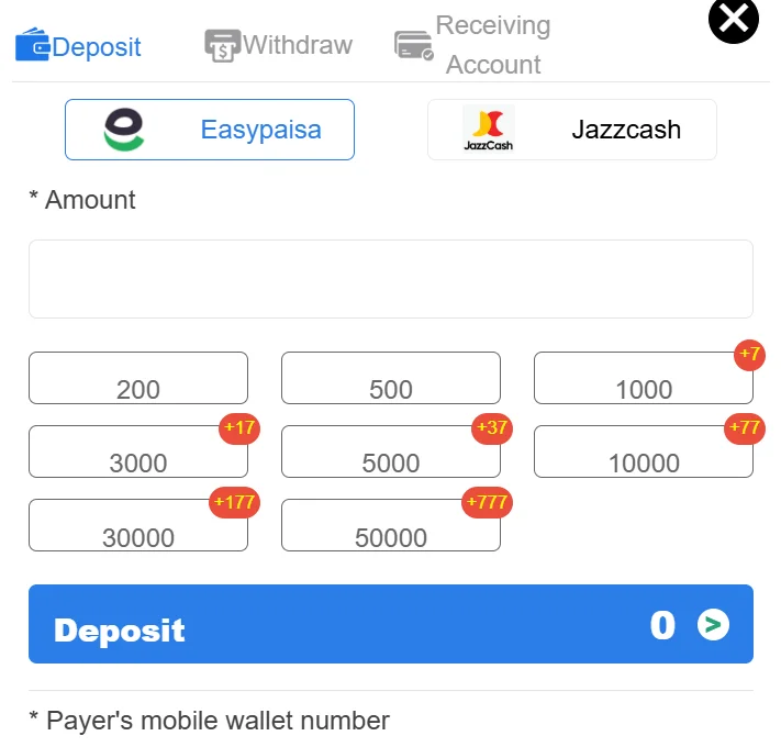 Deposit screen of JQ777 game showing options to fund account via Easypaisa and JazzCash.