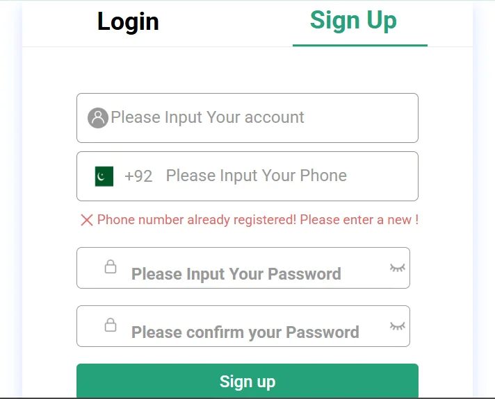 Signup form error on JQ777 game showing phone number already registered message.