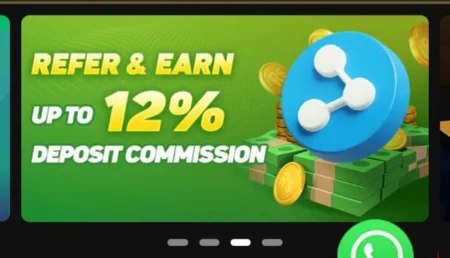 **Alt text:** Promotional banner with a green background showing a "Refer & Earn" offer, advertising up to 12% deposit commission. A blue share icon and stacks of cash with gold coins are also featured.