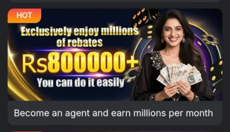 Smiling woman holding cash with text promoting Rs800,000+ rebates and agent earnings.