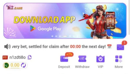 K2 Game is a trusted platform that is indicated with the Google Play logo and also indicates your balance, VIP mode, withdrawal, and deposit options.