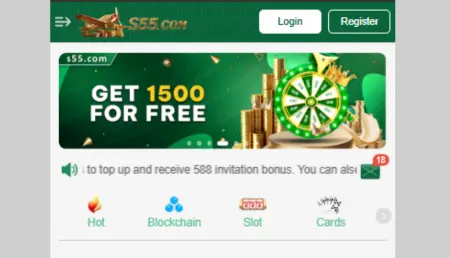 Image of the S55.com website, which appears to be an online casino or gaming platform. The alt text for this image could be "S55.com online casino homepage with a green banner offering 1500 for free and various game categories."
Meta AI response: The image is a screenshot of the S55.com website, which appears to be an online casino or gaming platform. The alt text for this image could be: "S55.com online casino homepage with a green banner offering 1500 for free and various game categories."