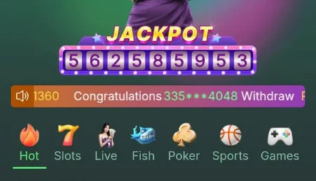 Online jackpot game interface showing winning number and game category icons.