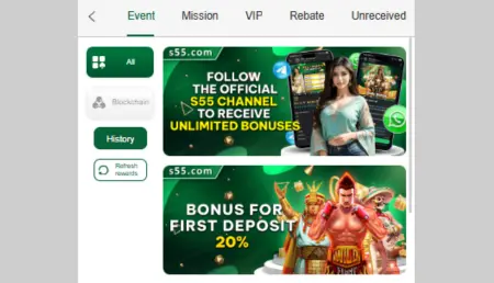 S55.com website with two promotional banners offering bonuses.
