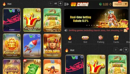 E8.GAME interface displaying popular casino games like Aviator, Crash, Mahjong Ways, and Golden Empire with deposit options and promotional banners.