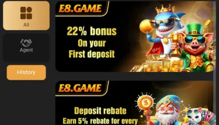 E8.GAME promotional banners showing a 22% first deposit bonus and a 5% deposit rebate with cartoon-style casino characters.
