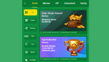 The image shows a screenshot of an online gaming platform's bonus section, featuring two prominent bonuses: the "Daily Single Deposit Bonus" with a maximum bonus of 99,995.99 and the "Agent Monthly Bonus" with a monthly rebate of 1,000,000.00. The interface includes navigation tabs for events, missions, VIP benefits, unreceived items, and history, set against a green background.