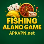 Fishing Alano Game casino banner with yellow text, green background, and APKVPN.net branding.