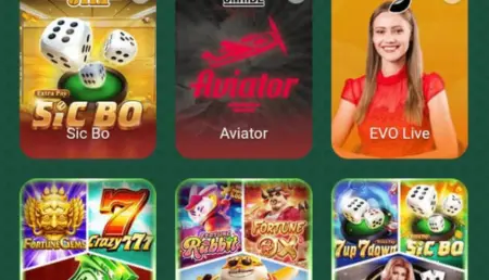 A collection of online casino game icons, including Sic Bo, Aviator, and EVO Live, with various colorful graphics and text overlays.