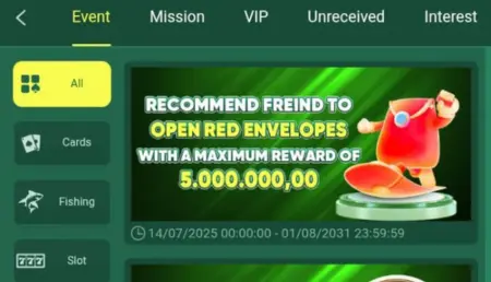 A mobile app event page promoting a referral program with a red envelope reward.