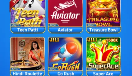 The JQ777 game interface shows six casino games: Teen Patti, Aviator, Treasure Bowl, Hindi Roulette, Go Rush, and Super Ace.