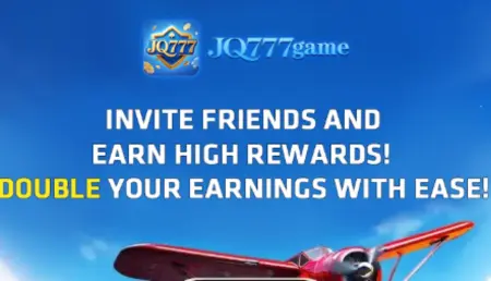The JQ777 game promotional banner shows a red airplane with text inviting users to refer friends and earn high rewards.