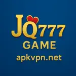Blue background promotional image displaying "JQ777 GAME" in bold golden text with the website name "apkvpn.net" beneath it.