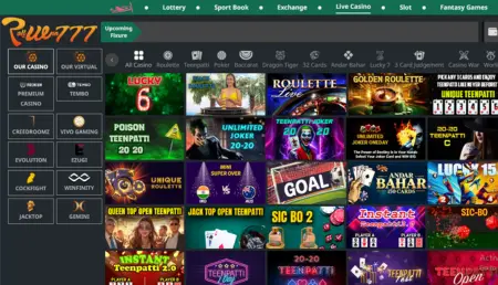 RW777 online casino lobby showcasing Teen Patti, roulette, Andar Bahar, and other live dealer games with interactive game tiles