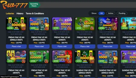 RW777 online casino betting platform showing active cricket-based lottery games, including PAK vs WI with point-based entry system
