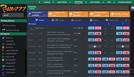 RW777 sportsbook interface showing live cricket and football betting odds with team listings and real-time match filters