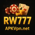 RW777 Online Casino APK Download - APKVpn.net - Poker Chips, Cards, and Gold Coins on Black Background