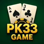 PK33 Game casino feature image with golden text, black and yellow poker chip, and playing cards on a green background.
