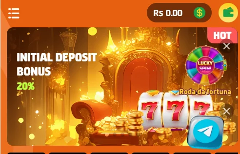 An online casino advertisement featuring a 20% initial deposit bonus, with a vibrant orange background and gold coins, showcasing a slot machine display with three '7's and a 'LUCKY SPIN' wheel.
