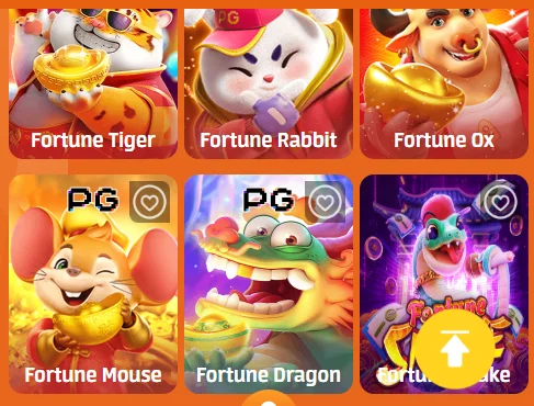 A grid of six online slot game icons featuring cartoon animals, including a tiger, rabbit, ox, mouse, dragon, and snake, with 'Fortune' in their names and a 'PG' logo on some, set against an orange background.