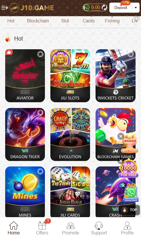 J10 Game lobby showing various popular casino games like Aviator, JILI Slots, Dragon Tiger, and 9Wickets Cricket.