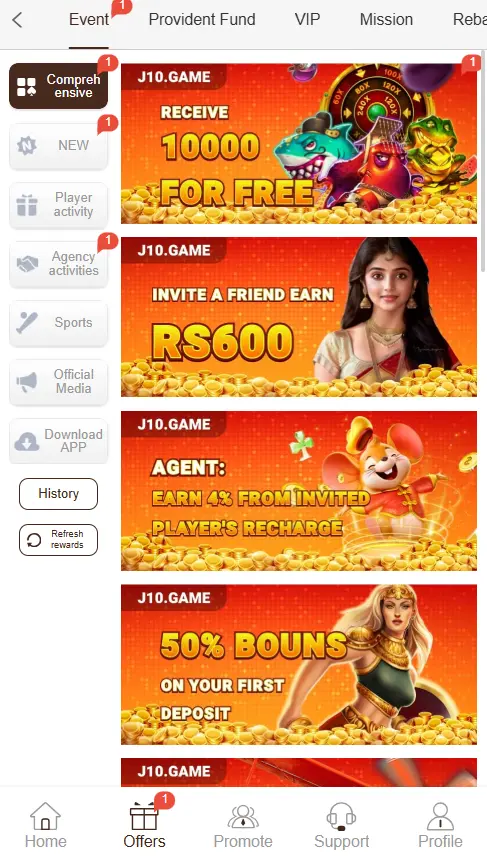 J10 Game promotional offers showing banners for referral rewards, free credits, deposit bonuses, and agent commissions.