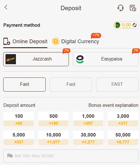 J10 Game deposit options showing JazzCash and Easypaisa payment methods with deposit bonuses.