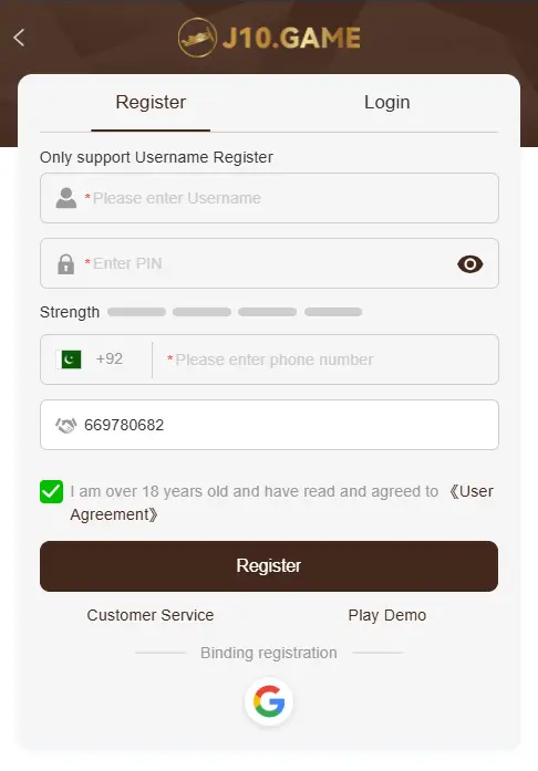 J10 Game registration form requiring username, PIN, and phone number with user agreement checkbox.
