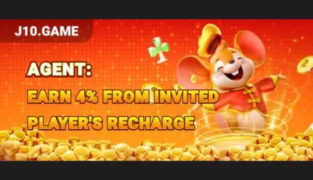 J10 Game promotional banner showing a mouse character and 4% earnings from invited player’s recharge.