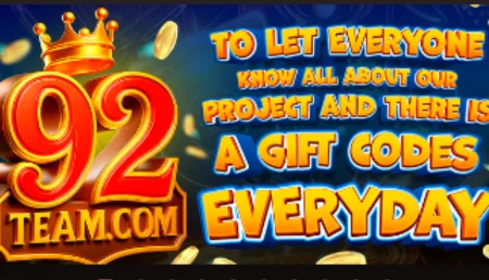 a promotional graphic of 92 star game for "92team.com" featuring a crown and coins, with text announcing daily gift codes.