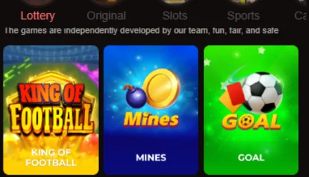A screenshot of a mobile app featuring three games: "King of Football," "Mines," and "Goal." The games are displayed with colorful icons and text, set against a black background.