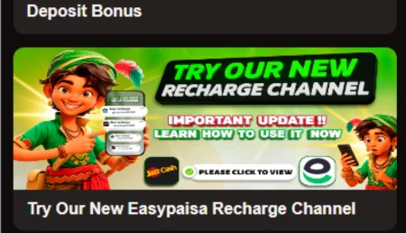 Easypaisa recharge channel update banner with cartoon character holding a mobile phone.