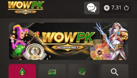 WowPK online slot game banner with casino-themed characters and real-money gameplay icons on WOWPK.net

