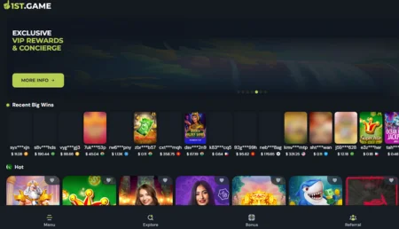 The alt text for this image could be 1ST GAME online casino platform screenshot showcasing various games and user information.