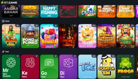 Online casino game selection featuring various slot games and live dealer options on 1st.game platform.