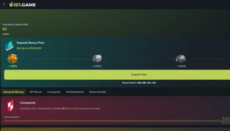 1st.game online casino bonus page with deposit bonus pool and conquests.