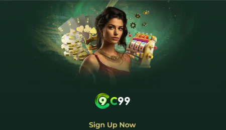 C99 Game sign-up banner featuring female model with slot machine and casino chips.