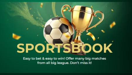 Sportsbook banner with soccer ball and gold trophy on green background.