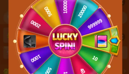 Colorful lucky spin wheel with prize amounts, gadgets, and rewards