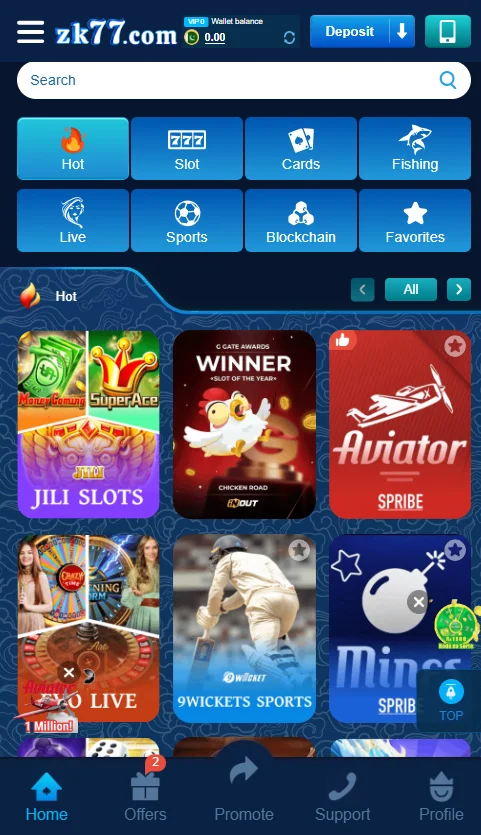 zk77 game app homepage showing categories like Hot, Slot, Cards, Fishing, and a list of featured games.