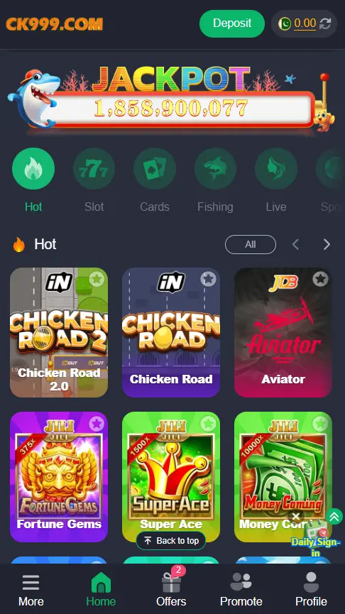 CK999 game home screen showing jackpot amount and popular slot games