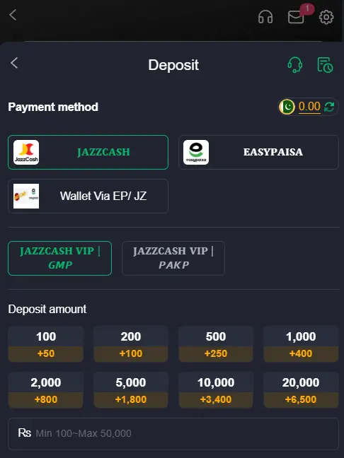 CK999 game deposit screen showing JazzCash, Easypaisa and wallet options