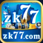 zk77 game logo with playing cards, coins, dice, and a slot machine in the background.